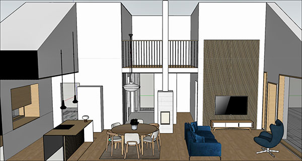 3D-havainnekuva avarasta olohuoneesta ennen sisustuksen toteutusta.